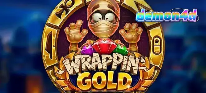 Tampilan visual gulungan permainan slot Wrappin Gold dengan tema mumi dan emas.
